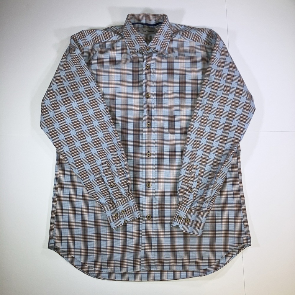 David Donahue Shirt Mens M Blue Brown Patchwork Plaid Button Down Cotton - Picture 4 of 16